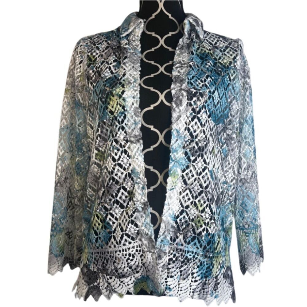 Alfred Dunner Crochet Long Sleeve Open Front Collared Top Size PS Fairy Core